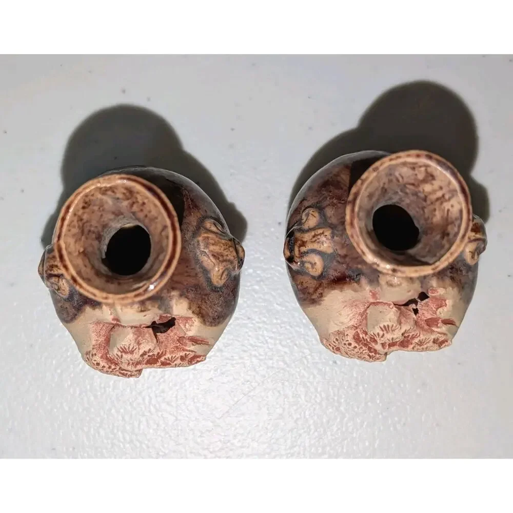 Vintage Japanese Banko Ware Mini Vases Pair Hand Carved 3D Relief Clay Pottery